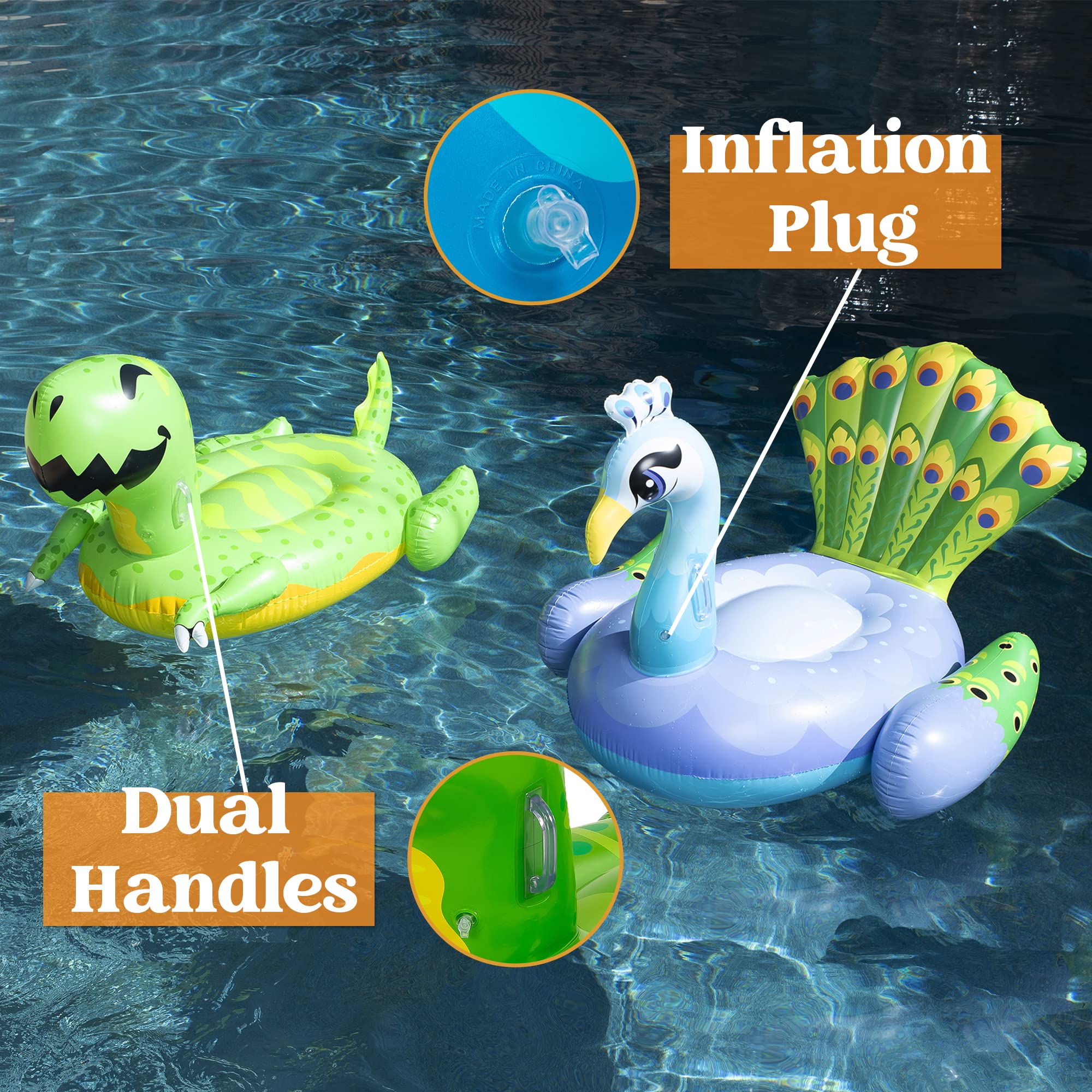 SLOOSH - Inflatable Dinosaur & Peacock Pool Floats Set