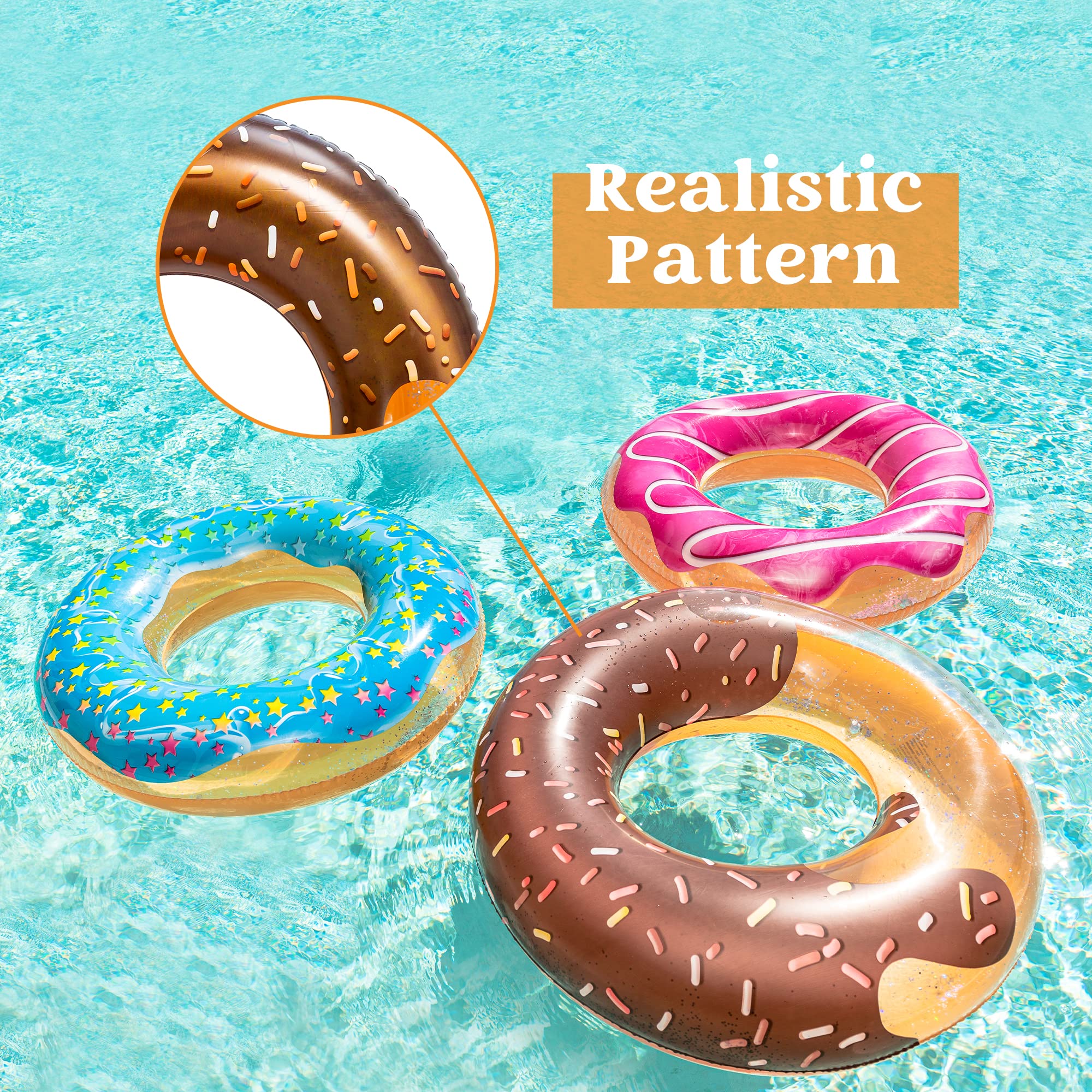 SLOOSH-3 Pcs Donuts with Glitters Pool Floats / Dinosaur & Sea Turtle & Dolphin Pool Rings